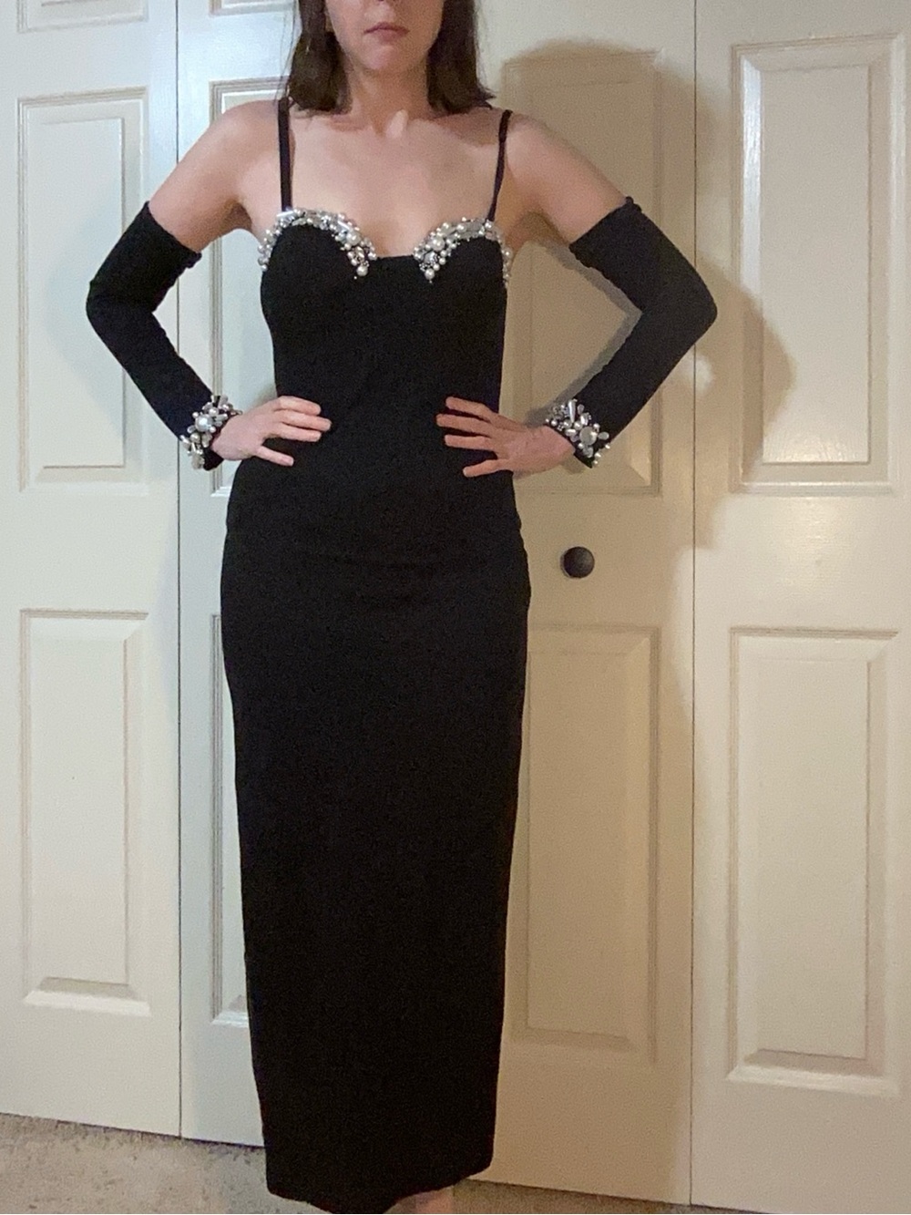 Vintage 80s/90s Contempo Casuals Black Bustier Formal Dress w/ Matching Gloves